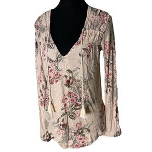 LUCKY BRAND Long Sleeve V Neck Floral Top Pale Pink Ruching Drawstring Small